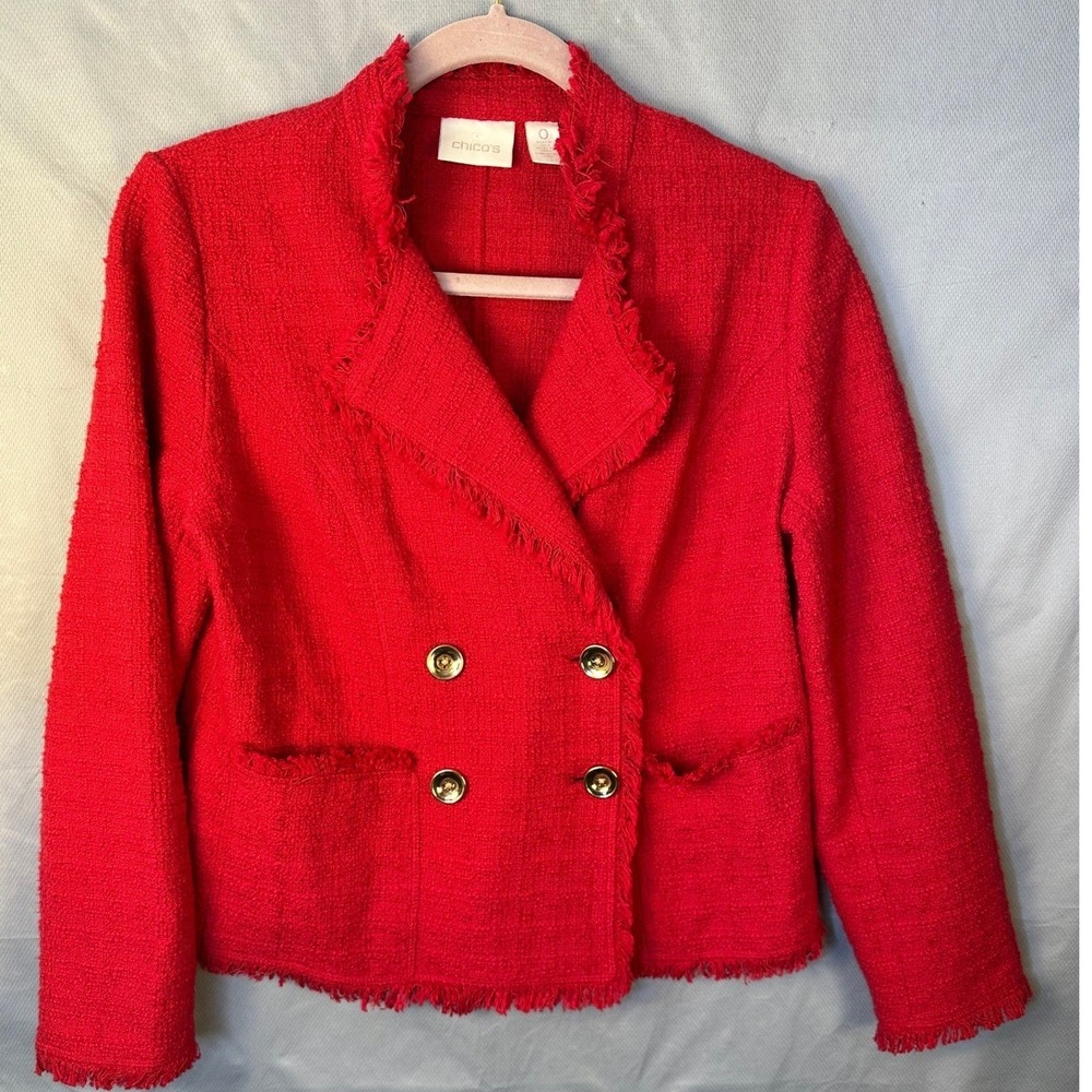 Chico's Red Tweed Fringe Blazer Jacket Gold Button Double Breasted Size 4 Career